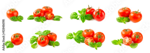 Fresh cherry tomatoes and fresh green basil isolated on white background. Tomato slices. Tomato sauce. Vegan. Ingredients for salad. Organic food. Place for text. Copy space.