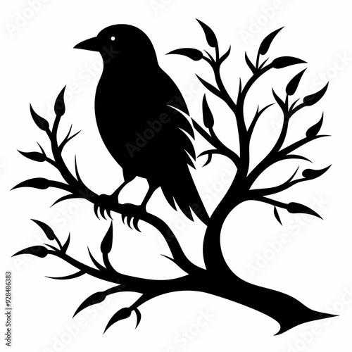 Silhouette of a big branch with bird vector illustration