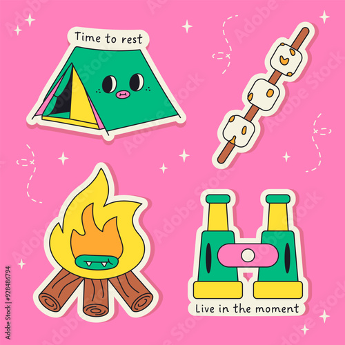 Y2K style sticker set. Retro 90s and 2000s. Theme: travel, hiking, walking. Groovy style. Vector.