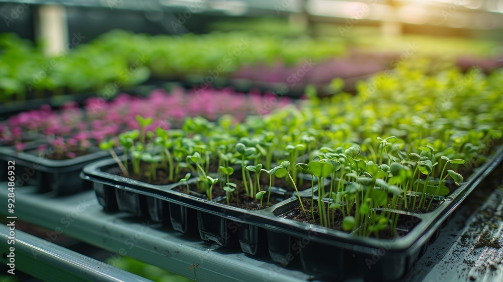 Realistic view of a greenhouse with rows of trays filled with growing microgreens, depicting commercial production Realistic view of a greenhouse with rows of trays filled with growing microgreens, depicting commercial production