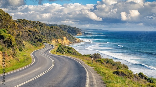 A scenic coastal drive with winding roads and stunning ocean views,