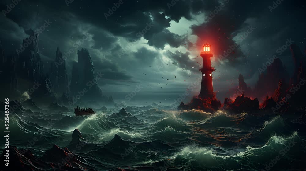 A lone lighthouse stands tall on a rocky island, its beacon piercing the stormy night sky as a small boat struggles through the raging waves. A lone lighthouse stands tall on a rocky island, its beacon piercing the stormy night sky as a small boat struggles through the raging waves.