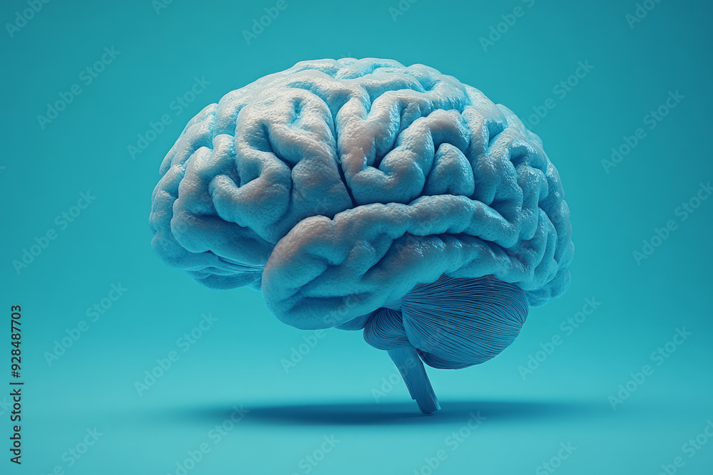 A human brain model, isolated on a soft pastel blue background, symbolizing the center of thought and cognition, A human brain model, isolated on a soft pastel blue background, symbolizing the center of thought and cognition,
