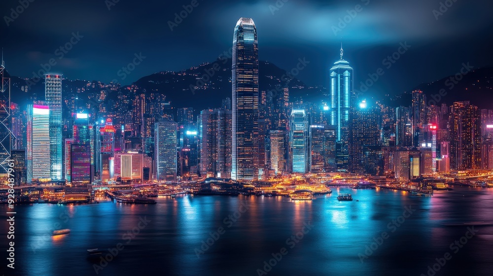 Fototapeta premium A vibrant city skyline at night, illuminated by dazzling lights, showcasing the dynamic energy of urban travel