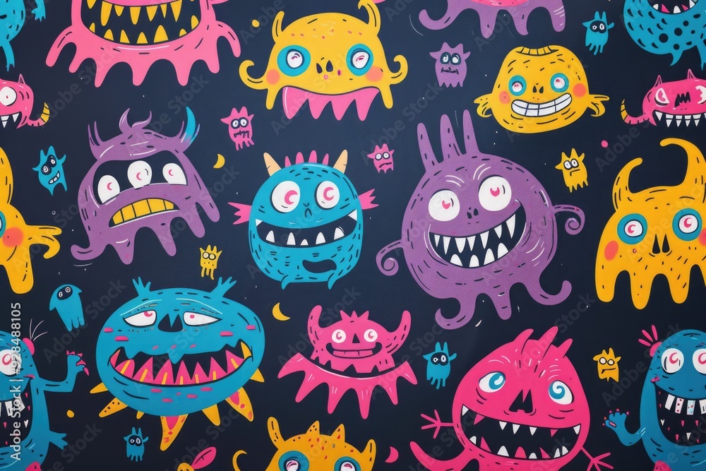 A group of vibrant monsters sit or stand on a dark, mysterious backdrop A group of vibrant monsters sit or stand on a dark, mysterious backdrop