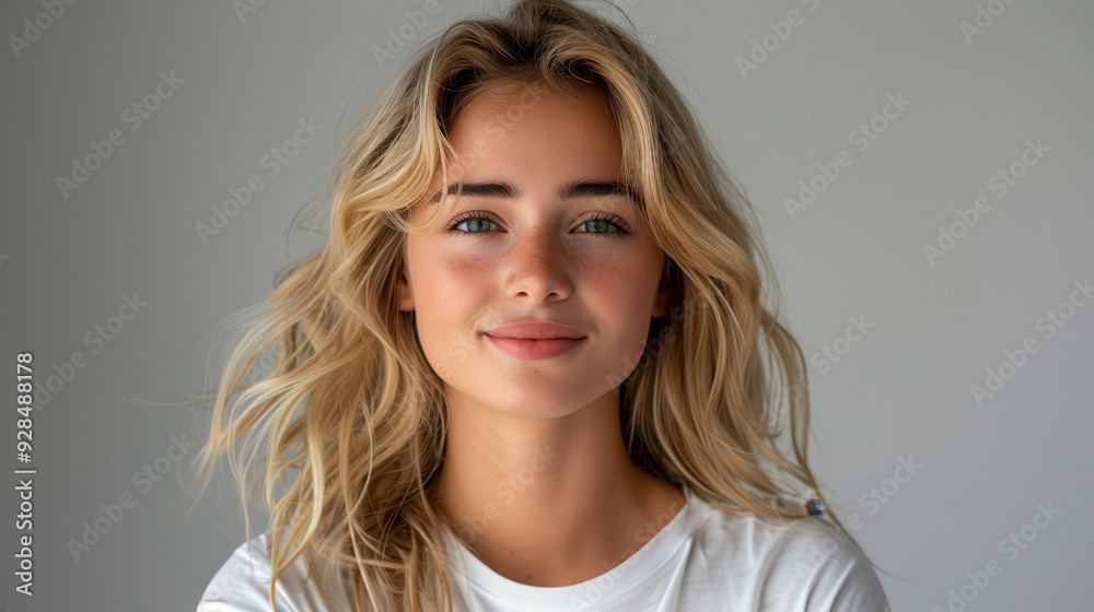 portrait of beautiful woman with blonde hair in white tshirt smiling on isolated background portrait of beautiful woman with blonde hair in white tshirt smiling on isolated background