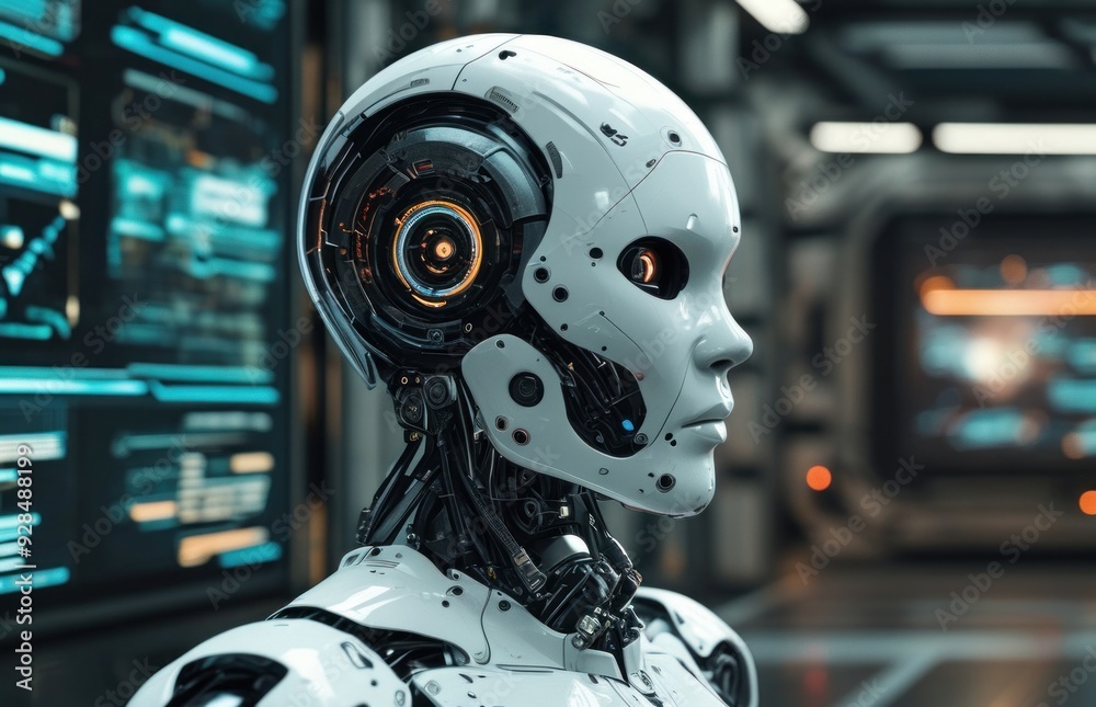 Close-up of a futuristic robot face with a monitor. Close-up of a futuristic robot face with a monitor.