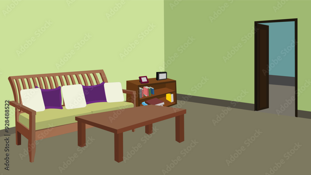 Drawing room cartoon background with cozy sofa set and a coffee table, bookshelf and a wooden door Drawing room cartoon background with cozy sofa set and a coffee table, bookshelf and a wooden door