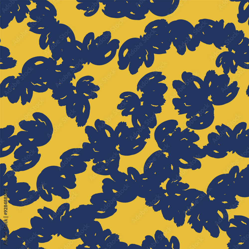 Naklejka premium Yellow seamless pattern with abstract purple flowers. Vector square background, illustration, print, floral design