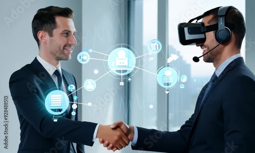 Focused businessman touching button on touchscreen, symbolizing digital connection and future technology in business network