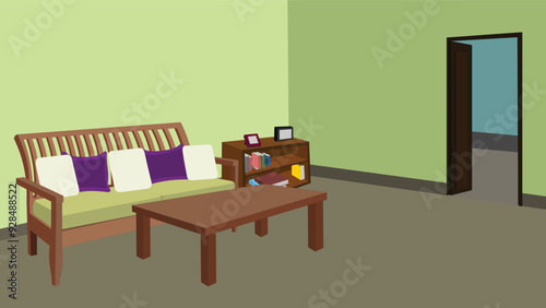 Drawing room cartoon background with cozy sofa set and a coffee table, bookshelf and a wooden door