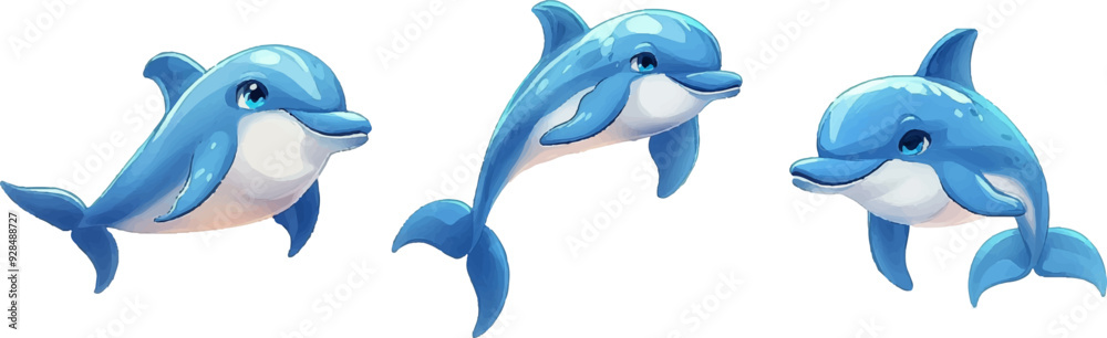 Naklejka premium Set of cute blue dolphin cartoons in various poses white background
