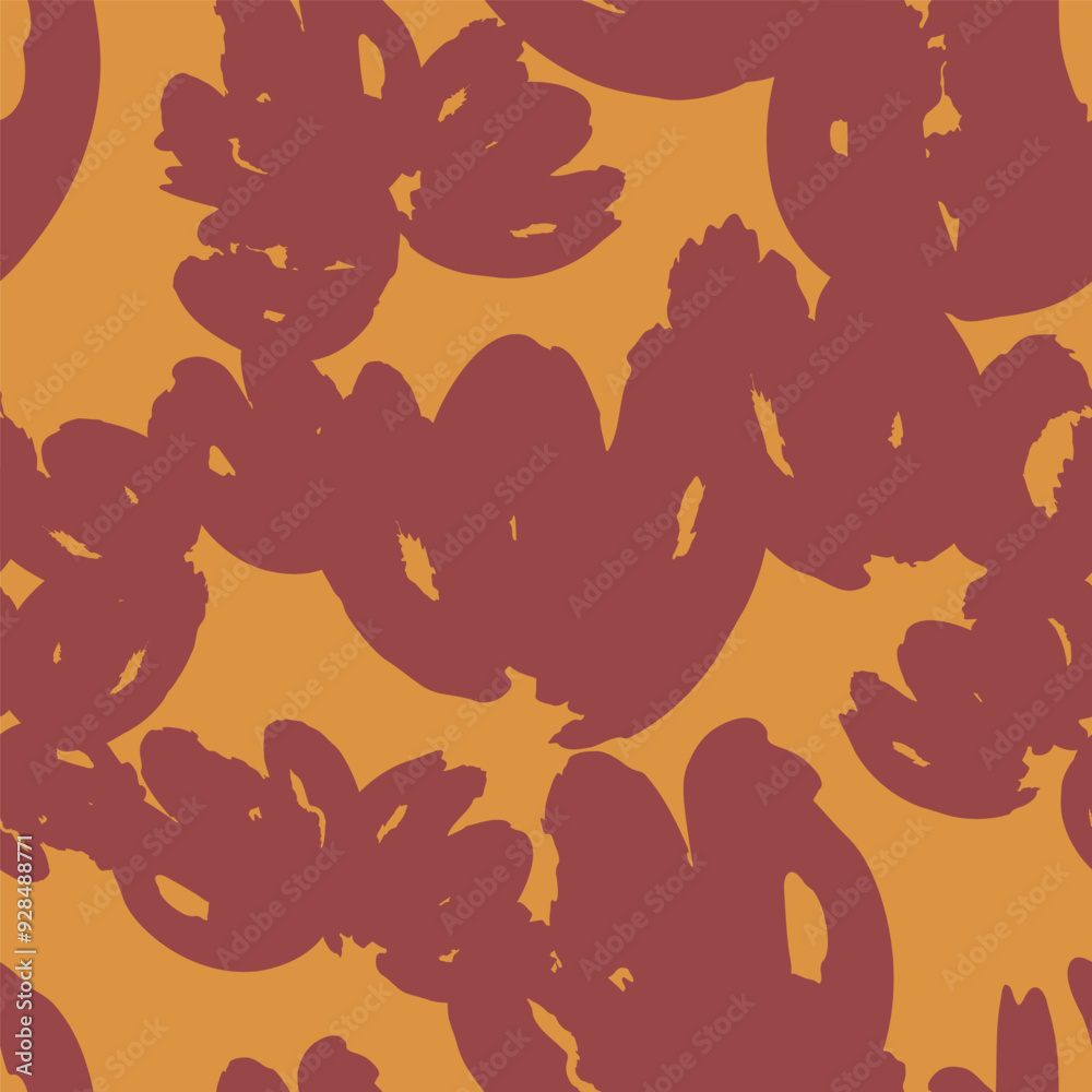 Naklejka premium Orange seamless pattern with abstract red flowers. Vector square background, illustration, print, floral design