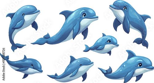 Set of cute blue dolphin cartoons in various poses white background