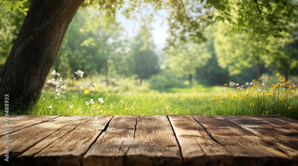 Wooden table top with nature background Wooden table top with nature background