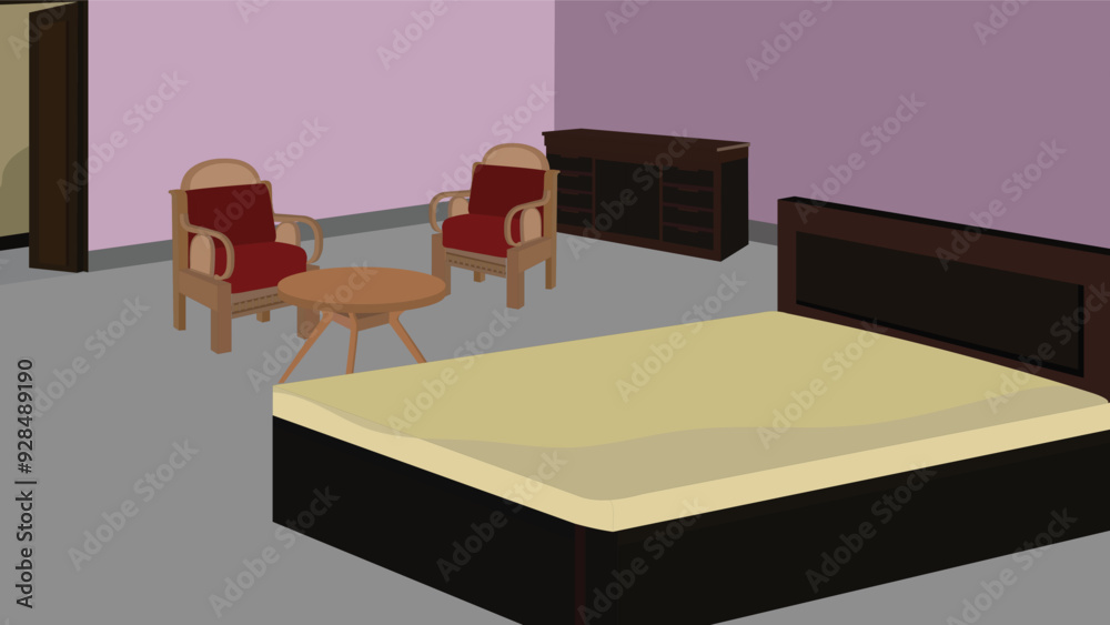 Vector illustration of a modern living room with double bed, sofa set, round tea table, shelf and a door. Bed room background design for cartoon animation Vector illustration of a modern living room with double bed, sofa set, round tea table, shelf and a door. Bed room background design for cartoon animation