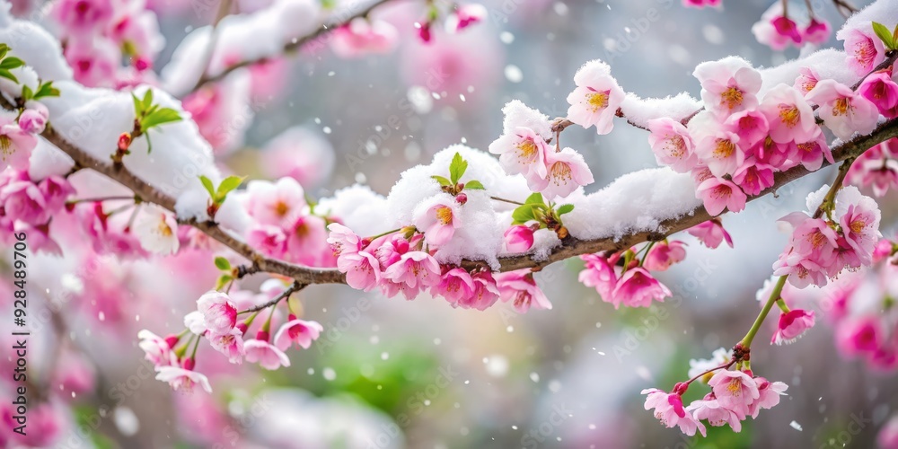 Delicate tree branches, heavy with unexpected spring snow, burst with pink and white blossoms against a soft, blurred background, capturing winter's surprise visit. Delicate tree branches, heavy with unexpected spring snow, burst with pink and white blossoms against a soft, blurred background, capturing winter's surprise visit.