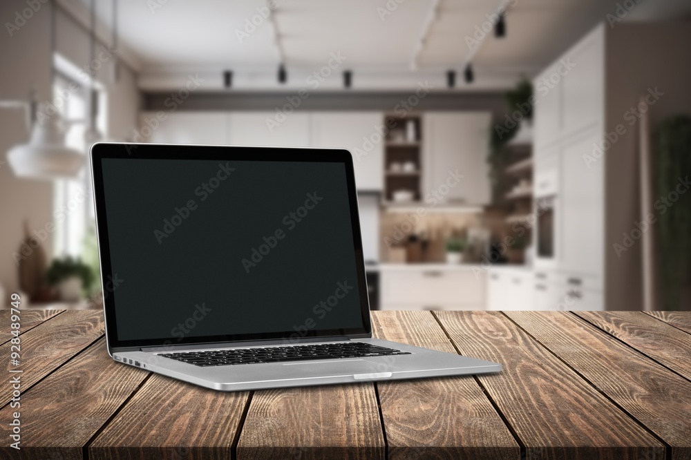 Open laptop with empty blank screen at home office Open laptop with empty blank screen at home office