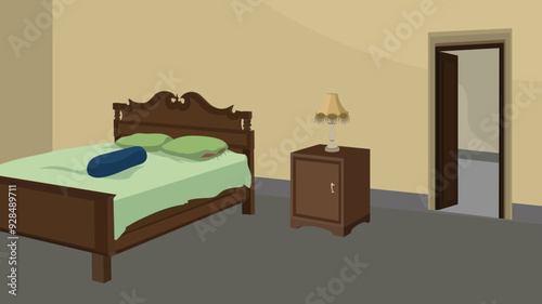 Vector illustration of a bed room with a shelf, door and a lamp on it. Living room background design