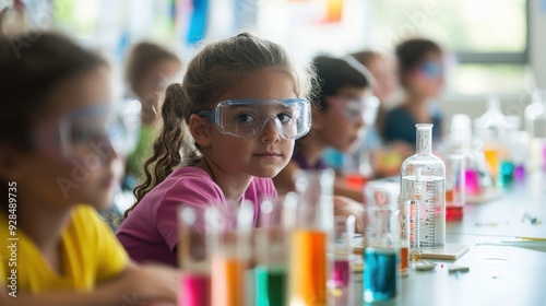 A bright and airy classroom filled with elementary students engaged in a hands-on science experiment, with test tubes, beakers, and safety goggles, under the guidance of an enthusiastic teacher,