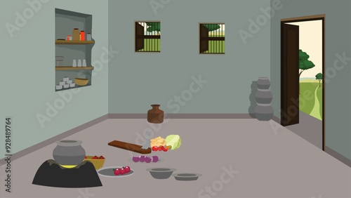 Vector Illustation of a Cartoon kitchen indoor. Indian village kitchen interior design