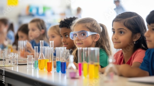 A bright and airy classroom filled with elementary students engaged in a hands-on science experiment, with test tubes, beakers, and safety goggles, under the guidance of an enthusiastic teacher,