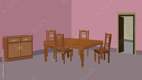 Dining room vector illustration with vintage style furniture. Drawing room with shelf, table and chair