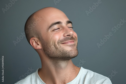 A close up of a man's face with his eyes closed