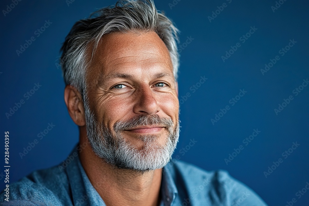 A confident middle-aged man with gray hair smiling in business casual attire against a blue background A confident middle-aged man with gray hair smiling in business casual attire against a blue background
