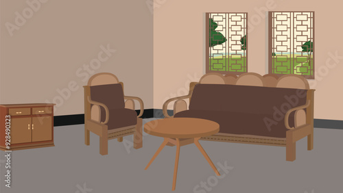 Luxary Drawing room vector design with vintage sofa set a round coffee table.Living room background