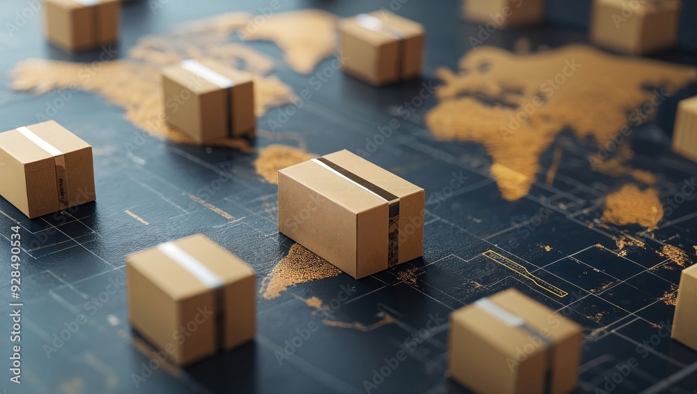 Fototapeta premium Exploring Global Logistics: A Detailed Visualization of Shipping Boxes Placed Strategically on a Modern, Stylish World Map, Highlighting International Trade Routes and Connectivity.