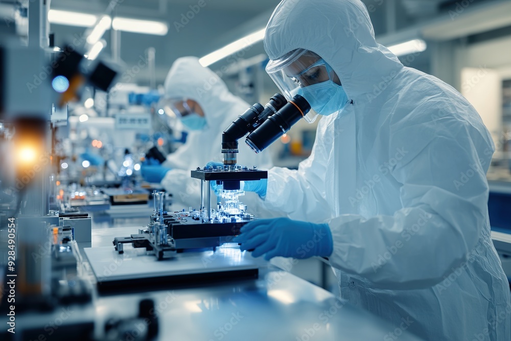 Scientists in protective suits work with microscopes and chemical bottles in the lab Scientists in protective suits work with microscopes and chemical bottles in the lab