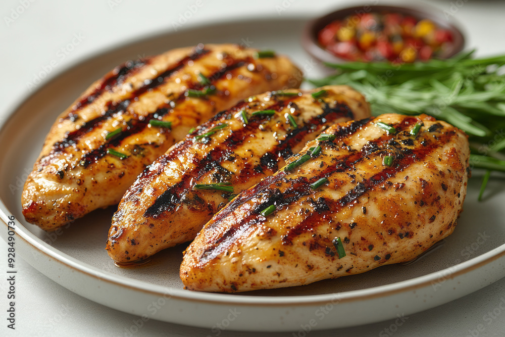 A plate of grilled chicken breast, isolated on a pastel peach background, symbolizing a lean protein source, A plate of grilled chicken breast, isolated on a pastel peach background, symbolizing a lean protein source,