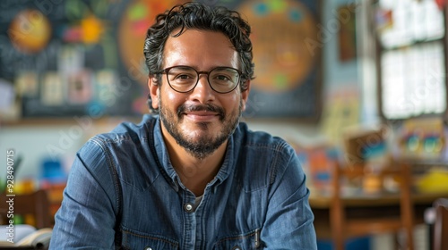 Portrait of a male teacher smiling in classroom