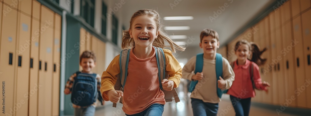 Fototapeta premium A photograph of happy school children running in the corridor with lockers, looking at the camera and smiling. 