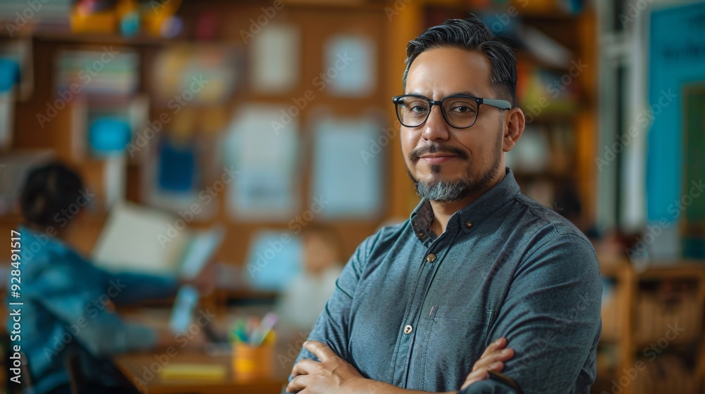 Portrait of a male teacher smiling in class with copy space Portrait of a male teacher smiling in class with copy space