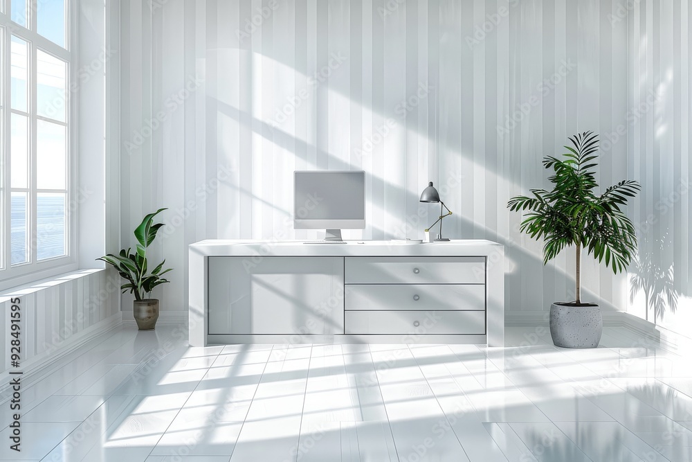 White office interior with panoramic window, white desk, gray cabinet, and striped wall. White office interior with panoramic window, white desk, gray cabinet, and striped wall.