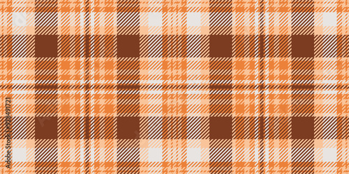 Scratched texture pattern seamless, no people check background textile. Sewing plaid vector fabric tartan in orange and white colors.