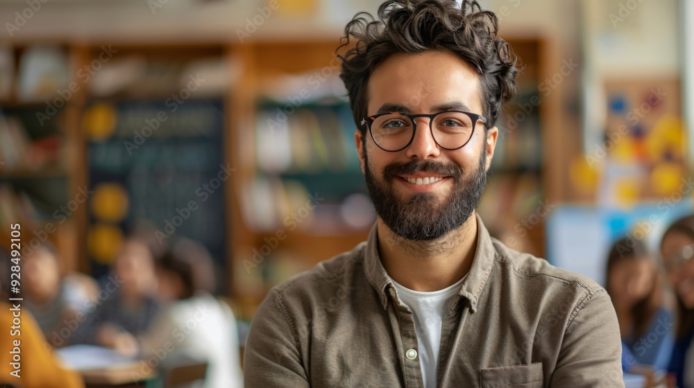 Portrait of a male teacher smiling in classroom Portrait of a male teacher smiling in classroom