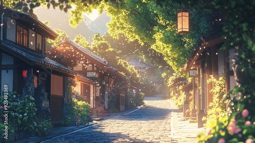 Fototapeta Naklejka Na Ścianę i Meble -  village town in morning anime style