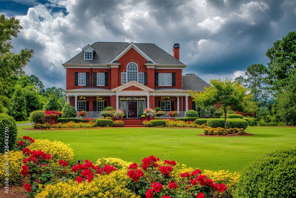 A beautiful home in the center a large red brick house with a green lawn and flower beds on each side of the front door. A beautiful home in the center a large red brick house with a green lawn and flower beds on each side of the front door.