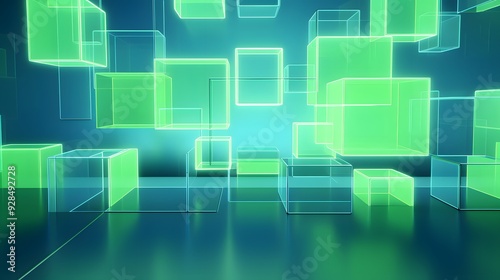 3d rendering of mind green and blue abstract geometric background. Scene for advertising, technology, showcase, banner, game, sport, cosmetic, business, metaverse. Sci-Fi Illustration. Product display