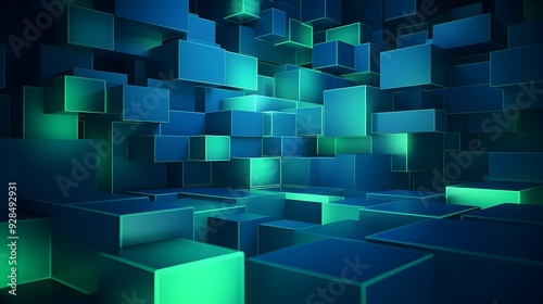 3d rendering of mind green and blue abstract geometric background. Scene for advertising, technology, showcase, banner, game, sport, cosmetic, business, metaverse. Sci-Fi Illustration. Product display