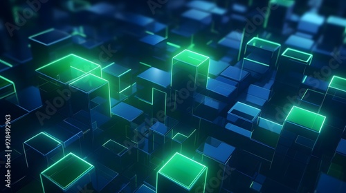 3d rendering of mind green and blue abstract geometric background. Scene for advertising, technology, showcase, banner, game, sport, cosmetic, business, metaverse. Sci-Fi Illustration. Product display