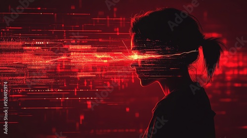 Illustration of a hacker with glowing red data flowing across their screen, representing a cyber attack, focus on online security, dark theme, realistic, silhouette, digital networ photo