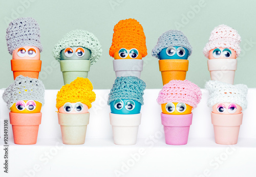 Colourful Easter eggs, made of recycled plastic, with wobbly eyes and colourful knitted hats, aligned horizontally and sitting in  bamboo egg holders against an mint green background. 