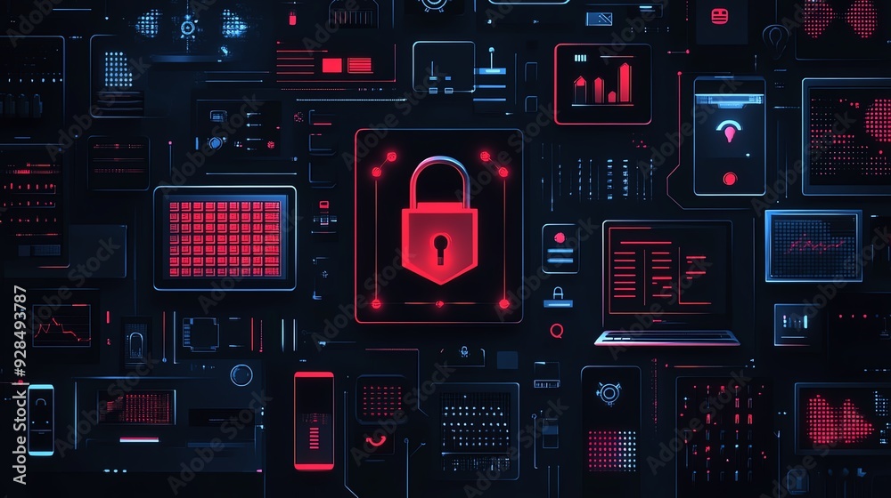 Pixel-style cybersecurity icons, dark blue and red tones, representing data security, front view, illustrating online safety, technology tone, Split-complementary color scheme Pixel-style cybersecurity icons, dark blue and red tones, representing data security, front view, illustrating online safety, technology tone, Split-complementary color scheme