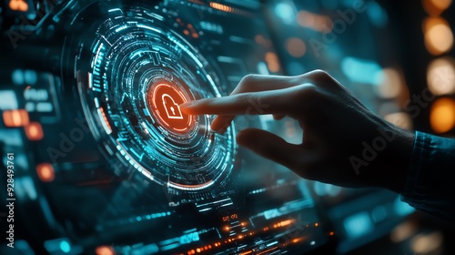 Person using advanced software to decrypt a lock symbol, showcasing cybersecurity skills, focus on data protection, futuristic theme, realistic, manipulation, tech lab backdrop.