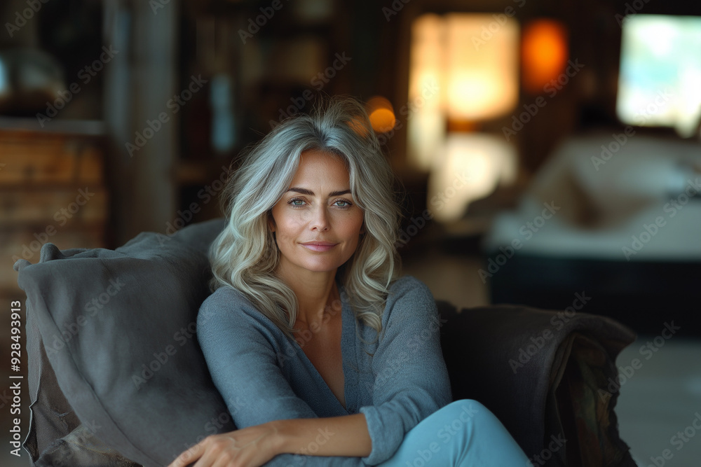 Obraz premium Thoughtful woman sitting in cozy armchair at home, having relaxing weekend.