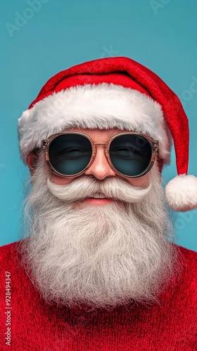 A smiling Santa Claus in sunglasses on a blue background. Perfect for modern Christmas designs.